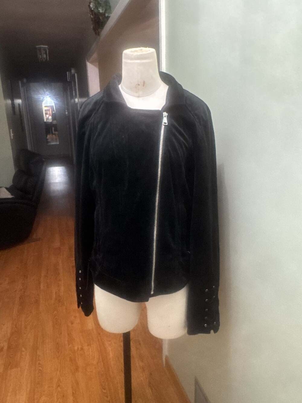 Ashley Outerwear Women's Black Velvet Asymmetrical Moto Jacket with Lace-Up Deta